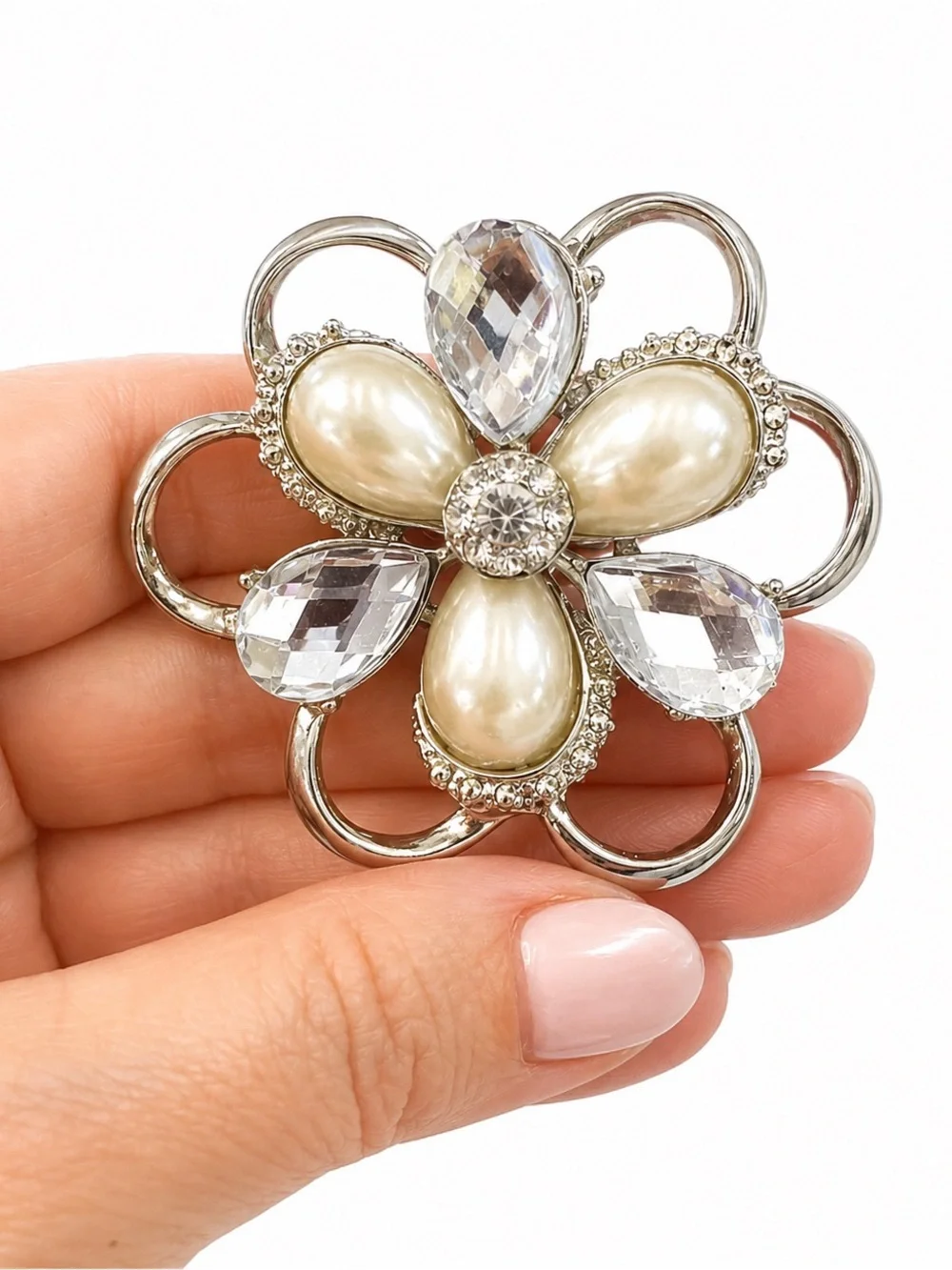 Vintage Silver Tone Faux Pearl & Crystal Flower‎ Brooch Pin Floral Statement 2”